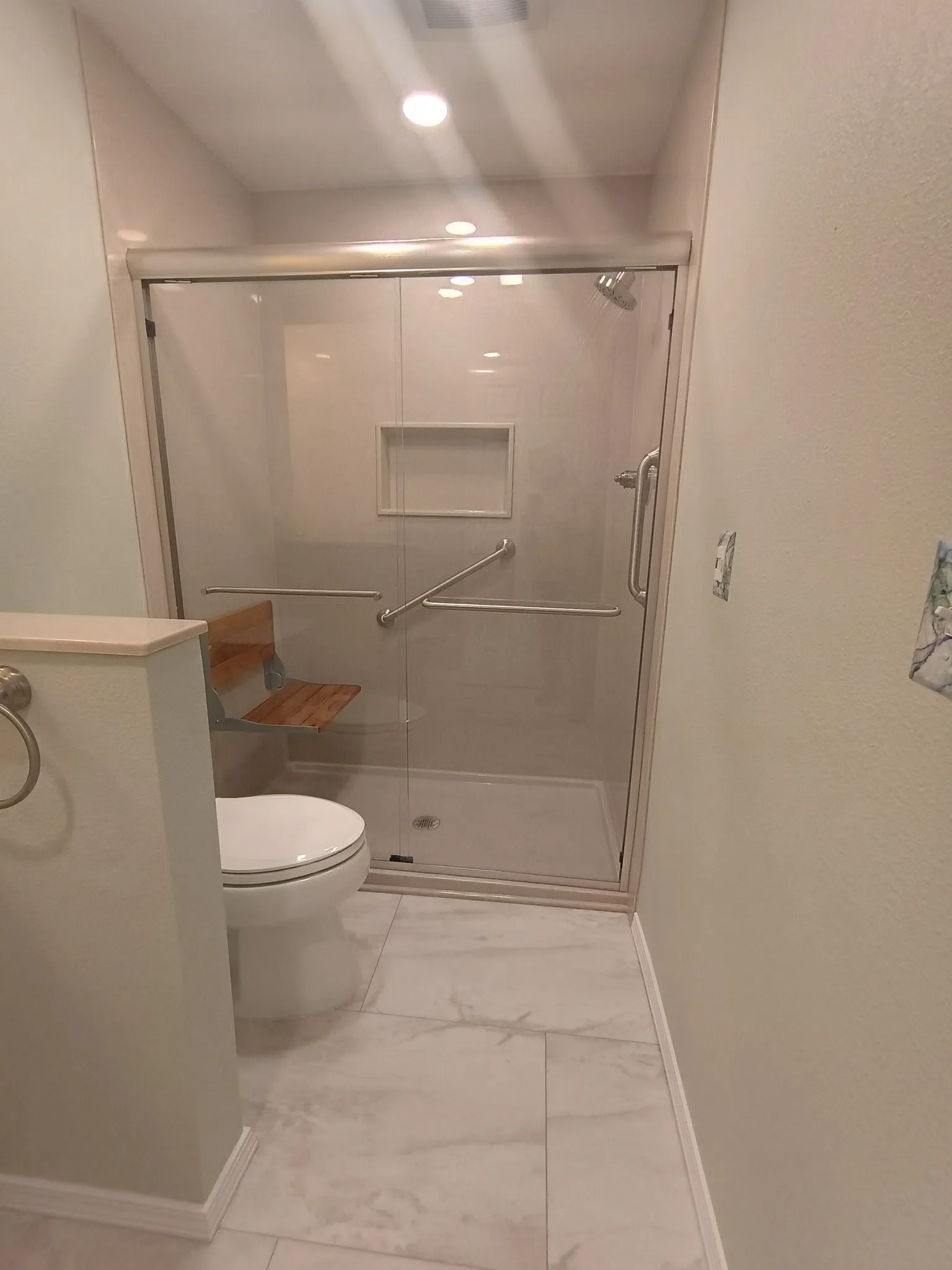 Accessible low-threshold shower with grab bars