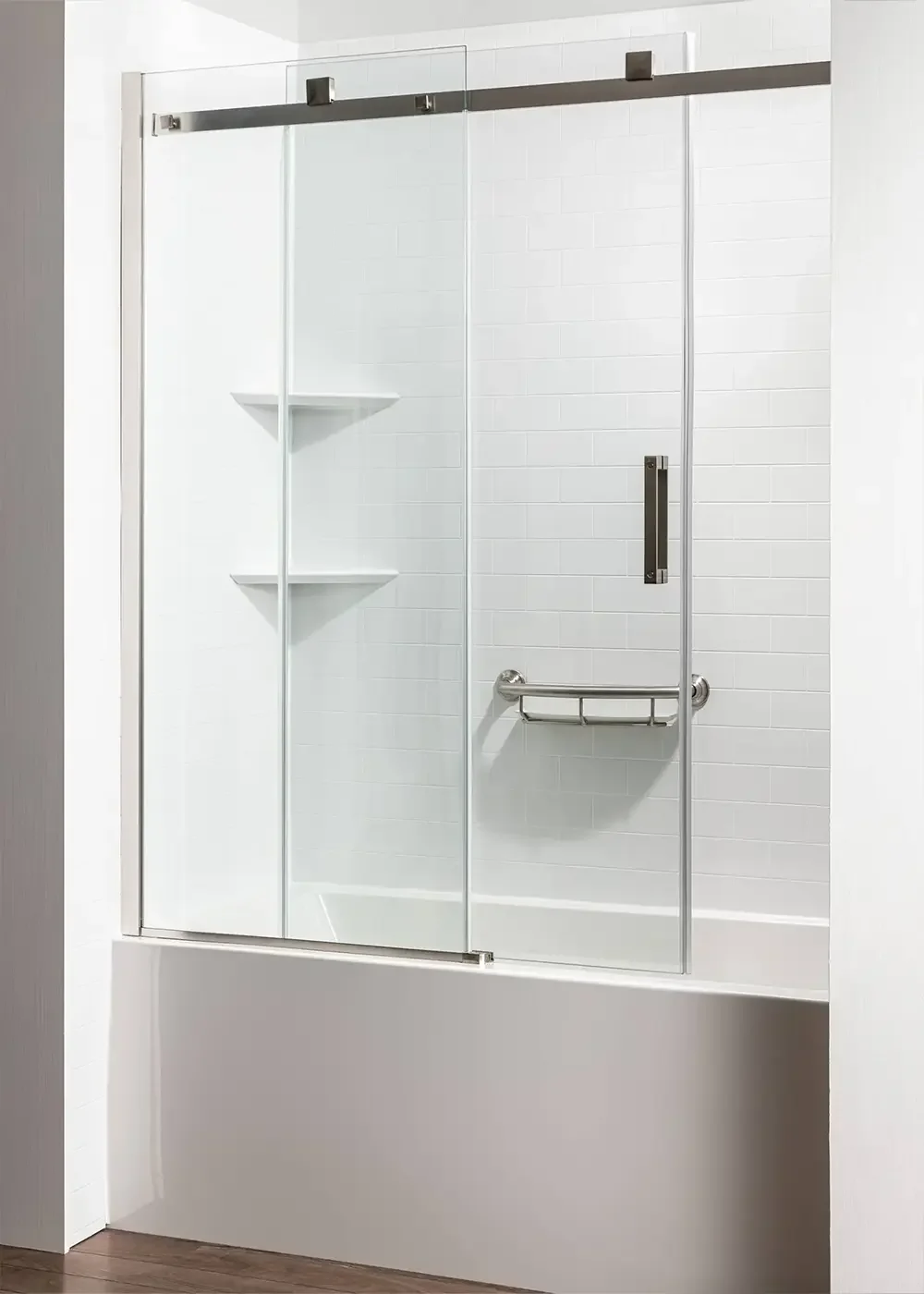 Updated tub and bathing area with glass enclosure